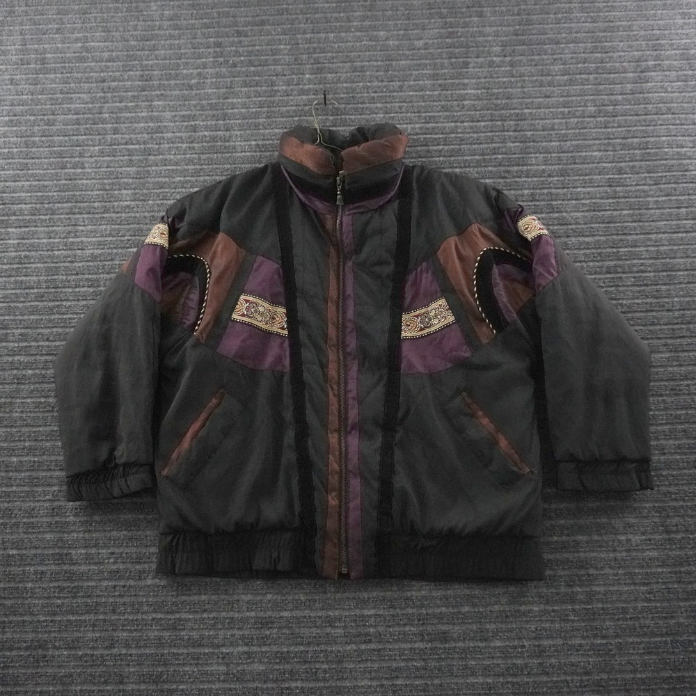 Vintage British Mist Puffer Jacket Women Size M Black Purple Colorblock Accent